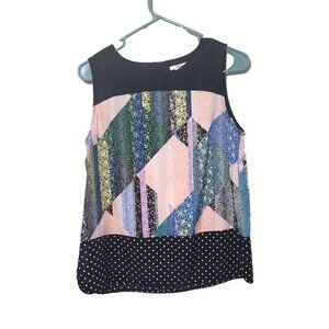 Bar III Blouse M Sleeveless Floral Mixed Pattern Patchwork Design Casual Womens